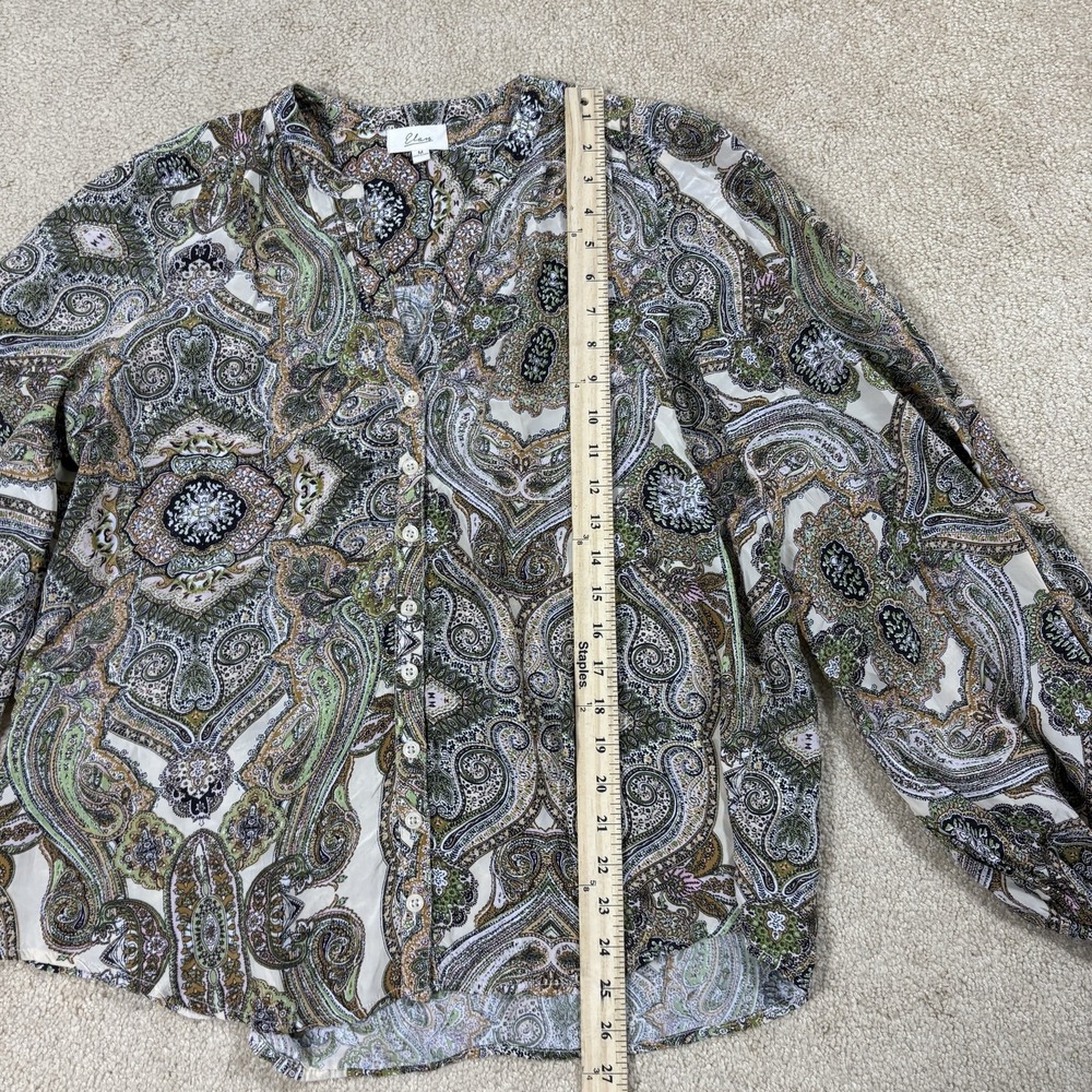 Elan M Blouse Peasant Brown Yellow Tan Paisley Tie Neck Long Sleeve Boho Artsy - Picture 7 of 8